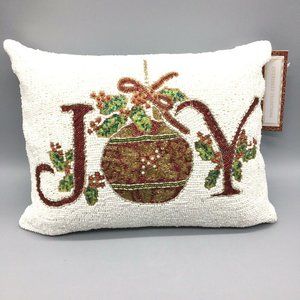 Christmas JOY Holiday Beaded Throw Pillow Ornament Holly Berries Decor 12x16 NEW